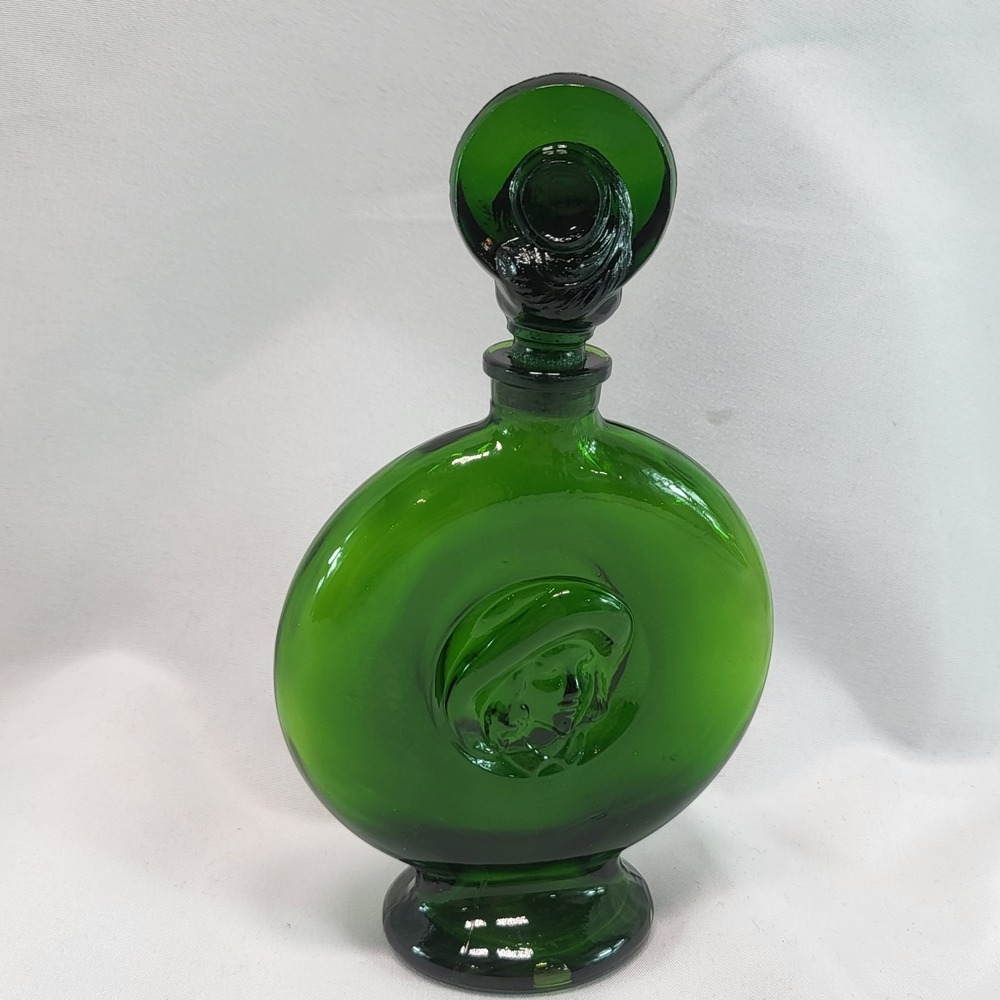 Antique Perfume Bottle With Stopper Green Glass Female Relief  Made In France